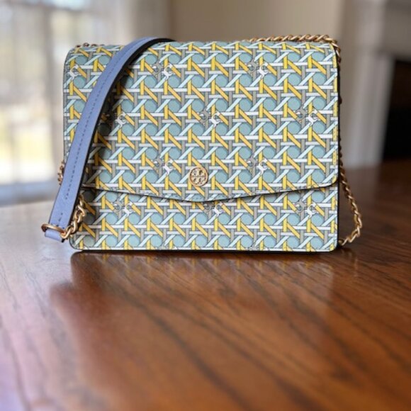 Tory Burch Robinson Shoulder Bag Northern Blue Basket Weave - Picture 2 of 16